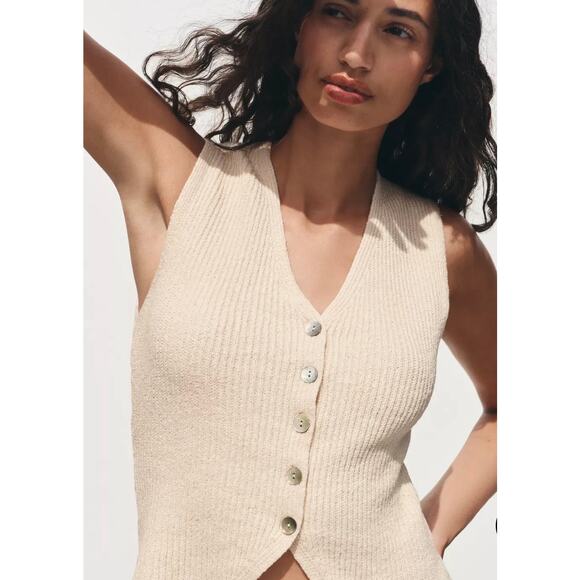 Zara V-Neck Knit Vest Cardigan Top Ecru Cream Large Preppy Cottagecore - Picture 3 of 10